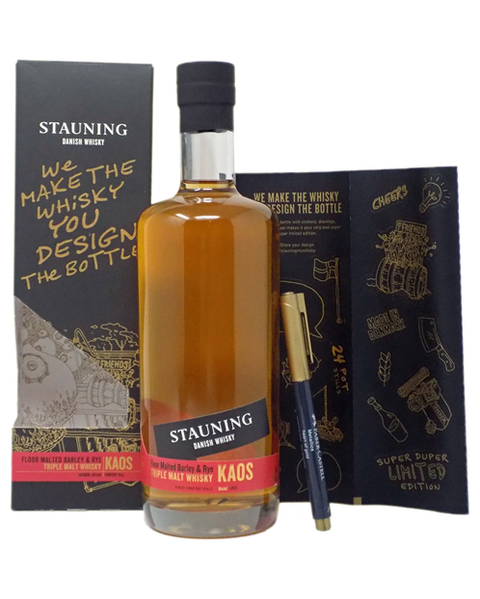 Stauning Kaos Danish Whisky 46% - GB mit Aufkleber +  goldener Kugelschreiber -